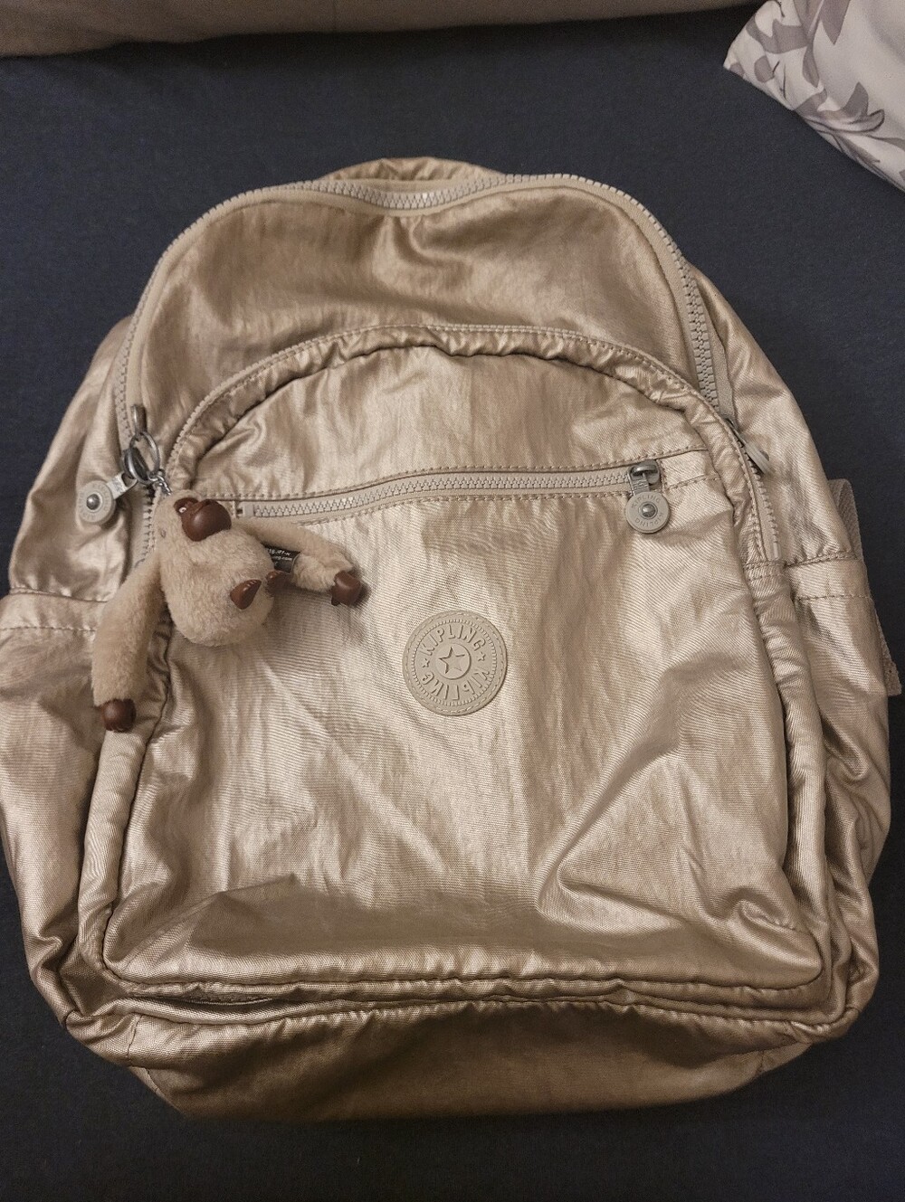Kipling Metallic Gold Labtop Backpack with Monkey Keychain
